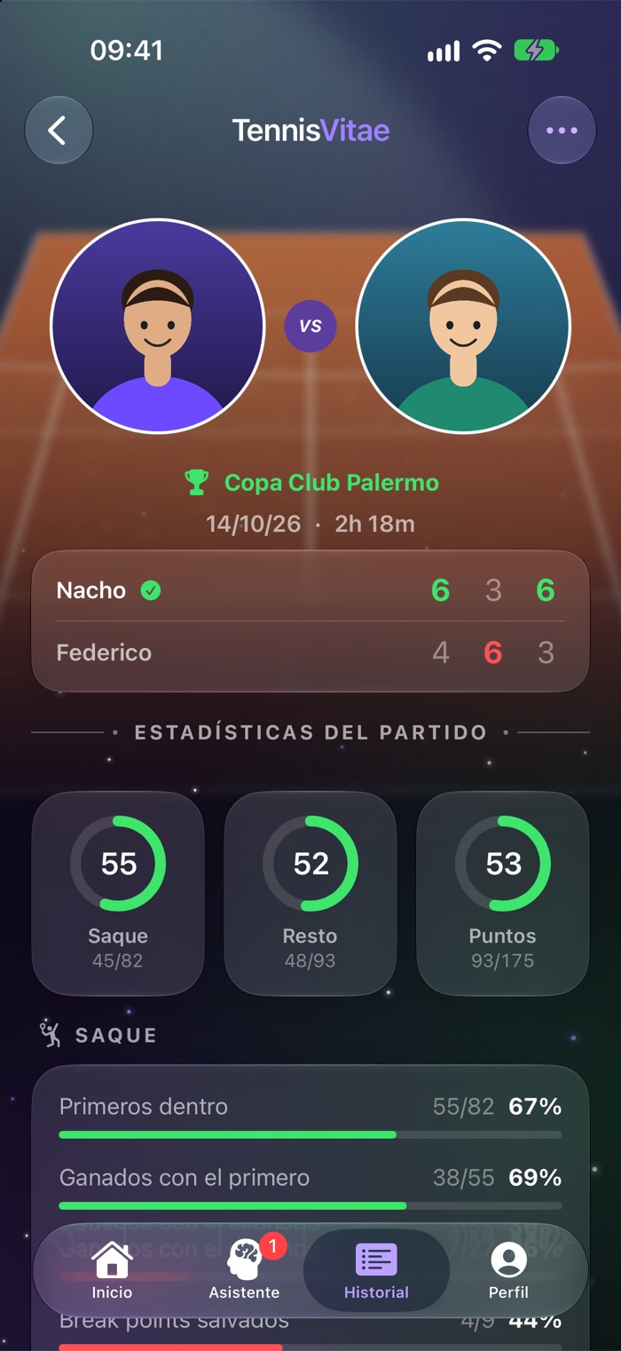 Tennis Vitae match detail with the score by set and match statistics
